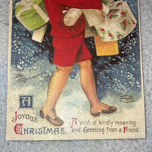 Plaque of Victorian Christmas Shopper Carrying Gifts in Snow 10x6 Glitter Accent - Picture 4 of 7